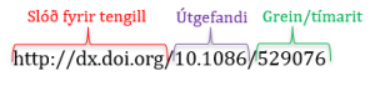 Sýnir samsetningu vefslóðar fyrst kemur doi númer því næst númer útgefanda og að lokum númer greinar.