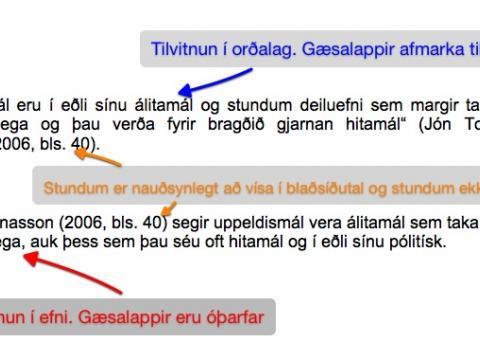 Mynd sem sýnir tilvitnanir. Tilvitnun í orðalag er afmerkt með gæsalöppum. Stundum er nauðsynlegt að hafa blaðsíðutal en stundum ekki. Tilvitnun í efni getur sleppt gæsalöppum.